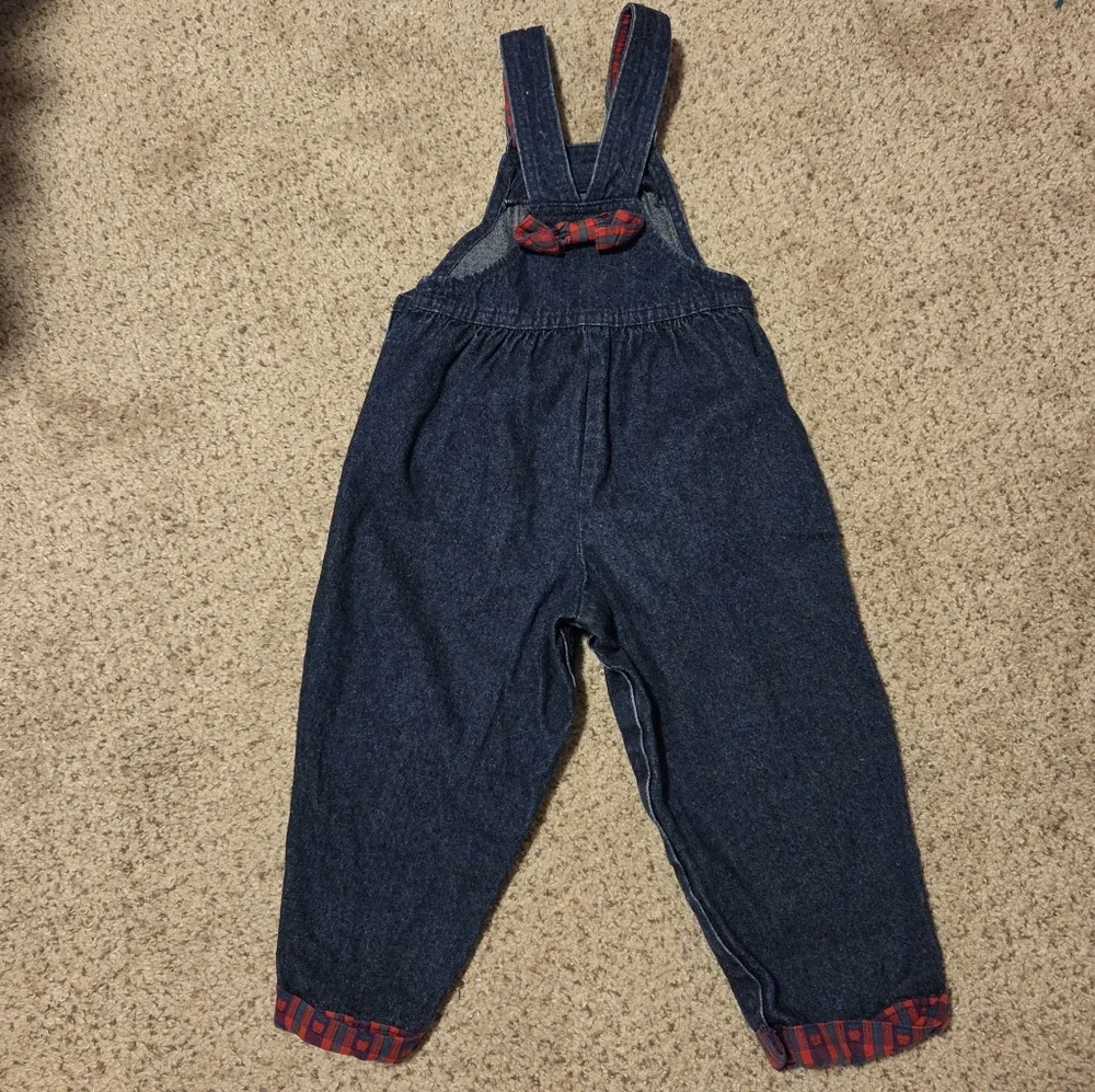 Vintage‎ Oshkosh B'gosh Denim Overalls Red Plaid Apple Print Bow USA Girls 3T